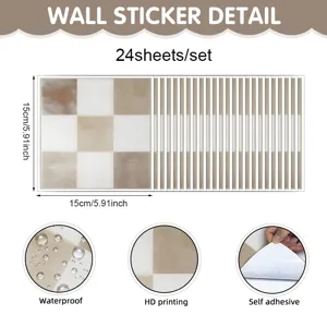 Detalle de adhesivo de pared con 24 hojas patrón de cuadros marrón y blanco impermeable.