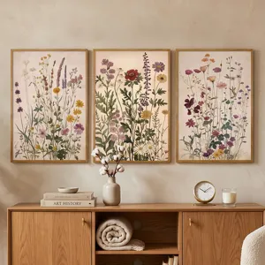 Bohemian botanical canvas wall art set, framed floral prints for living room home decor.
