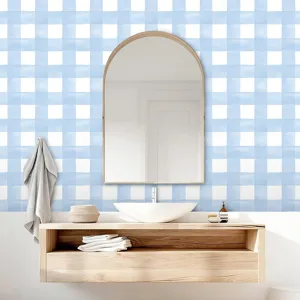 Blue checkered wallpaper detail featuring self-adhesive PVC design for modern bathroom room decor.