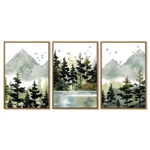 Modern 3-piece canvas wall art with wood frame, watercolor mountain forest painting for living room decor.