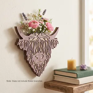 Wooden Highland Cow Head Wall Decor Hollow Out Animal Hanging Ornament for Home Room