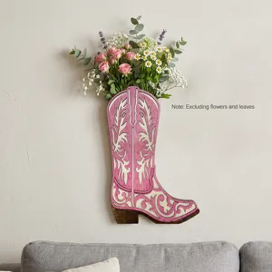Hölzerne Cowboy-Stiefel Wandbehang Vase rosa ausgehöhltes Blumen rustikale Heimdekoration