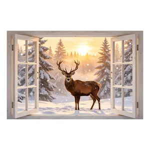 Adhesivo de pared de ventana falsa 3D de Navidad con paisaje nevado y ciervo para hogar.