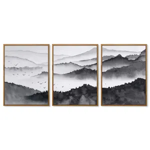 Modern minimalist 3-piece black and white landscape framed wall art for home decor.