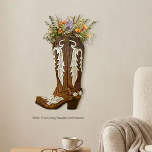 Retro Western Cowboy Stiefel Wandbehang Heimdeko, vintage Holz Wandkunst Vase fuer Wohnzimmer.