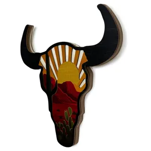 Wooden bull skull wall decor with desert cactus sunset cut out design for home room.
