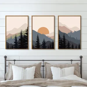 Art mural de toile de paysage minimaliste moderne à 3 panneaux, idéal pour chambre et salon.