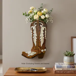 Rustikale hölzerne Cowboy-Stiefel Wanddeko, vintage hängende Vase für schöne Wandkunst.