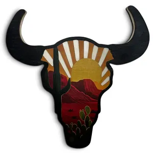 Wooden bull skull wall art hanging with desert sunset cactus design for rustic home decor.