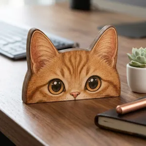Joli ornement de bureau chat orange en bois, parfait pour la déco maison et bureau.