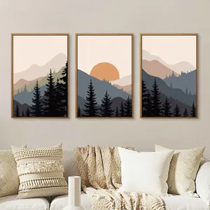 Art Mural Encadré Paysage Moderne Trois Panneaux Impressions sur Toile Montagne Abstraite Cadre PS Texture Bois