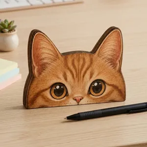 Jolie chat orange en bois decor de bureau vue detaillee, parfait pour la decoration de bureau.