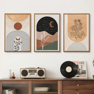 Boho abstract canvas wandkunst set met houten lijst voor slaapkamer decoratie.