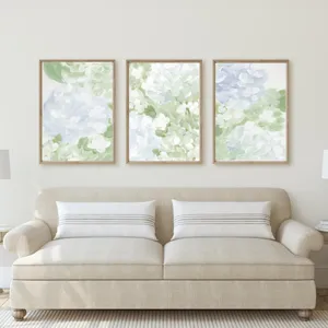 Detailed view of 3-panel abstract floral canvas wall art with wood frame, elegant home decor.