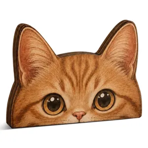 Joli ornement de bureau chat en bois, forme de tête de chat mignon vue produit principale