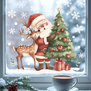 Christmas window stickers static clings featuring Santa Claus, reindeer and tree for holiday decor.