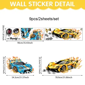Cartoon car wall sticker set for kids room, PVC self adhesive racing car decor decals 9pcs