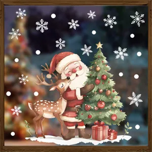 Christmas window sticker featuring Santa Claus, cute reindeer, Christmas tree and white snowflakes.