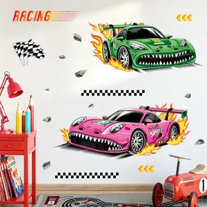 Cartoon racing car wall stickers for kids room decor, PVC self-adhesive wall decals.