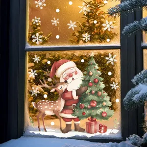 Christmas window stickers detail showing Santa, reindeer, tree and snowflakes scene.