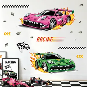 Cartoon racing car wall stickers for kids bedroom, PVC self-adhesive wall decals for nursery.