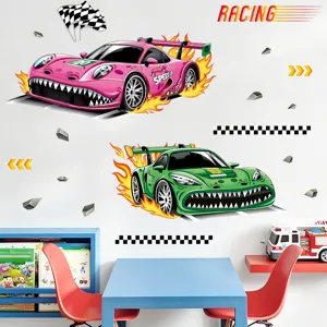 Cartoon racing wall stickers for kids room, DIY self-adhesive PVC car decals for nursery decor.