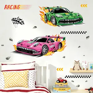 Cartoon racing car wall stickers for kids bedroom, PVC self-adhesive decor decal for children room.