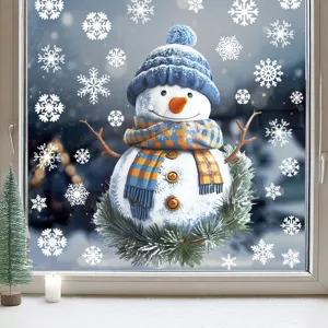 Christmas snowman and snowflakes glass window sticker detail, static cling holiday decor.