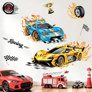 Cartoon racing car wall stickers for kids room PVC self-adhesive wall decor items.