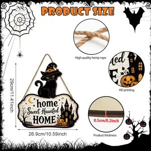 Halloween schwarze Katze Holz Willkommen Hängeschild Detailansicht, Grösse und Dicke