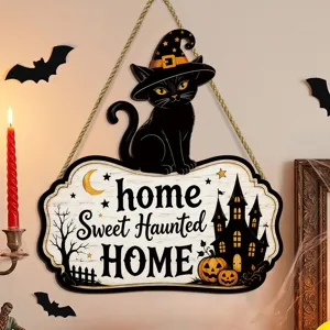 Halloween Holzhängeschild mit schwarzer Katze Hexenhut und gruseligem Spukhaus.
