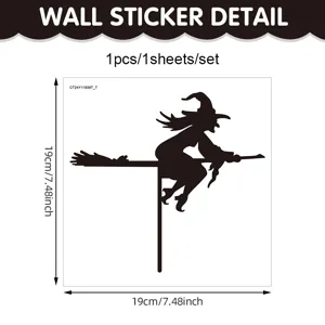 Halloween witch wall sticker detail view, self-adhesive PVC door frame decor, 19cm size.