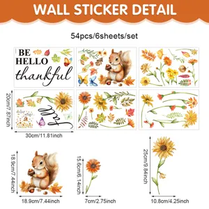 Dettaglio adesivo murale autunnale con simpatico scoiattolo, foglie e girasoli.