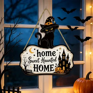 Halloween Holz Schild mit schwarzer Katze und Kurbis fur eine gruselige Wanddekoration.