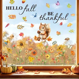 Dettaglio adesivo per finestra autunnale con scoiattolo e girasoli per decoro.