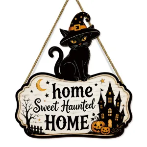Halloween Hängeschild aus Holz mit schwarzer Katze und Kürbissen für gruselige Wanddekoration.