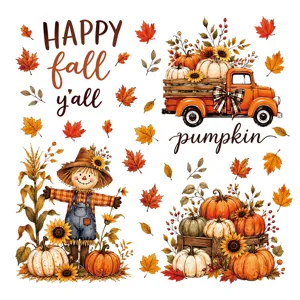 Adesivi murali per la festa del raccolto d'autunno con simpatici spaventapasseri e zucche.