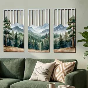 Hollow wooden wall art landscape 3-piece hanging decor for minimalist living room aesthetic