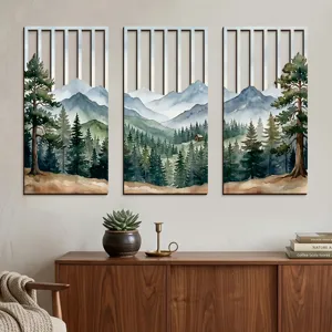3-piece wooden wall art set with watercolor mountain landscape and hollow pine tree design.