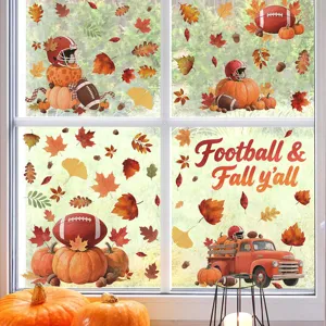 Autumn Thanksgiving Pumpkin Maple Leaf Window Clings Cartoon Static Stickers Harvest Festival Glass Window Decor Stickers
