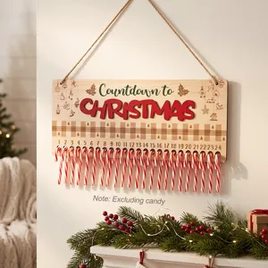 Hölzernes Weihnachtskalender-Hängeschild mit Zahlen und Zuckerstangenhalter für festliche Wanddeko.