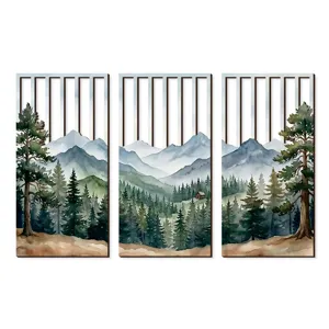 3-panel wooden hollow wall decor, watercolor mountain landscape hanging plaque for living room.