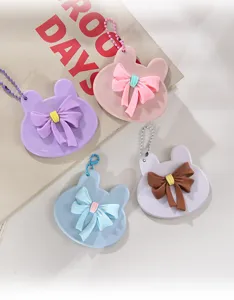 Cute rabbit shape handheld makeup mirror with bow candy color portable pocket vanity mirror