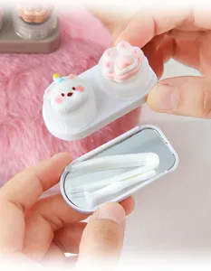 Bonito estuche para lentes de contacto caja doble portátil con espejo y set de accesorios