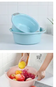 Close up detail showing durable plastic washing basin in use, perfect for home and kitchen tasks.