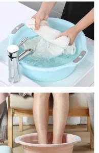 Durable plastic wash basin for daily household laundry and foot bath use details.