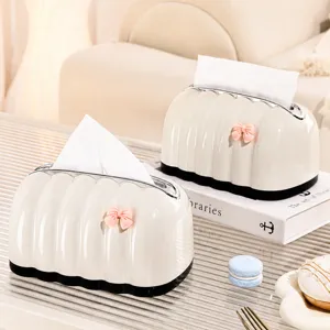 Creamy Apricot Wavy Shell Tissue Box Cover For Living Room Coffee Table Decor Light Luxury Plastic Napkin Holder With Pink Bow Car Ornament