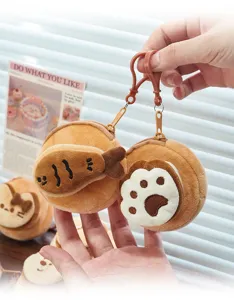 Cute plush coin purse with fish and paw design, soft mini zipper wallet and lovely bag charm pendant.