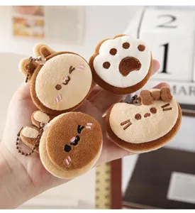 Cute coffee brown plush cat rabbit keychains, soft stuffed animal bag pendant ornaments.