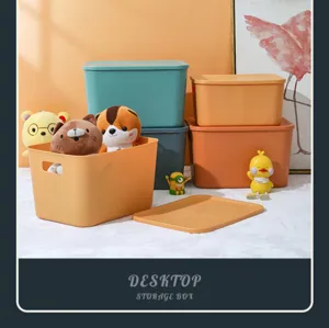 Detail shot of plastic desktop storage box with lid, organizing toys, snacks and cosmetics.
